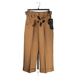 Larry Levine Women's Pants Brown Linen Gaucho Belted Wide Leg Cuffed Trousers 8